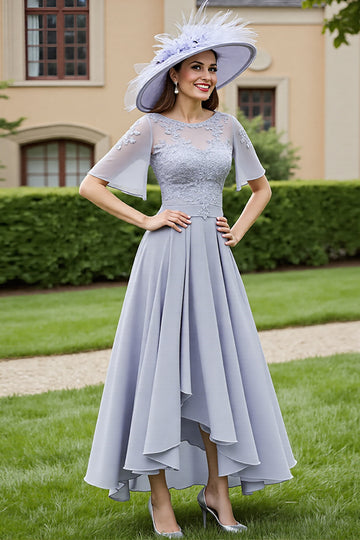 Chiffon Silver Appliqued High-Low Mother Of The Bride Dress